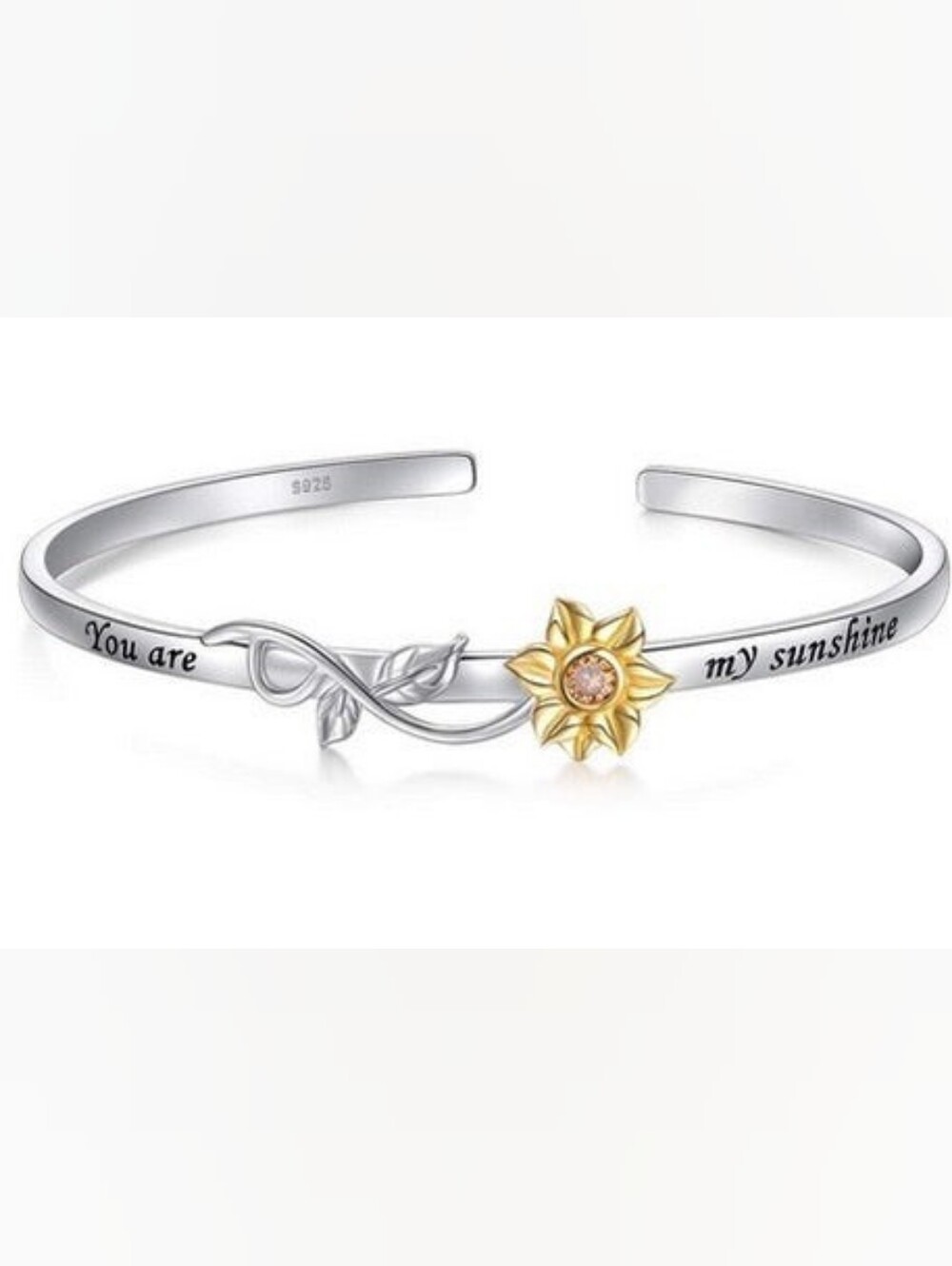 925 Sterling Silver Sunflower CZ You Are My Sunshine Open Bangle Bracelet CC